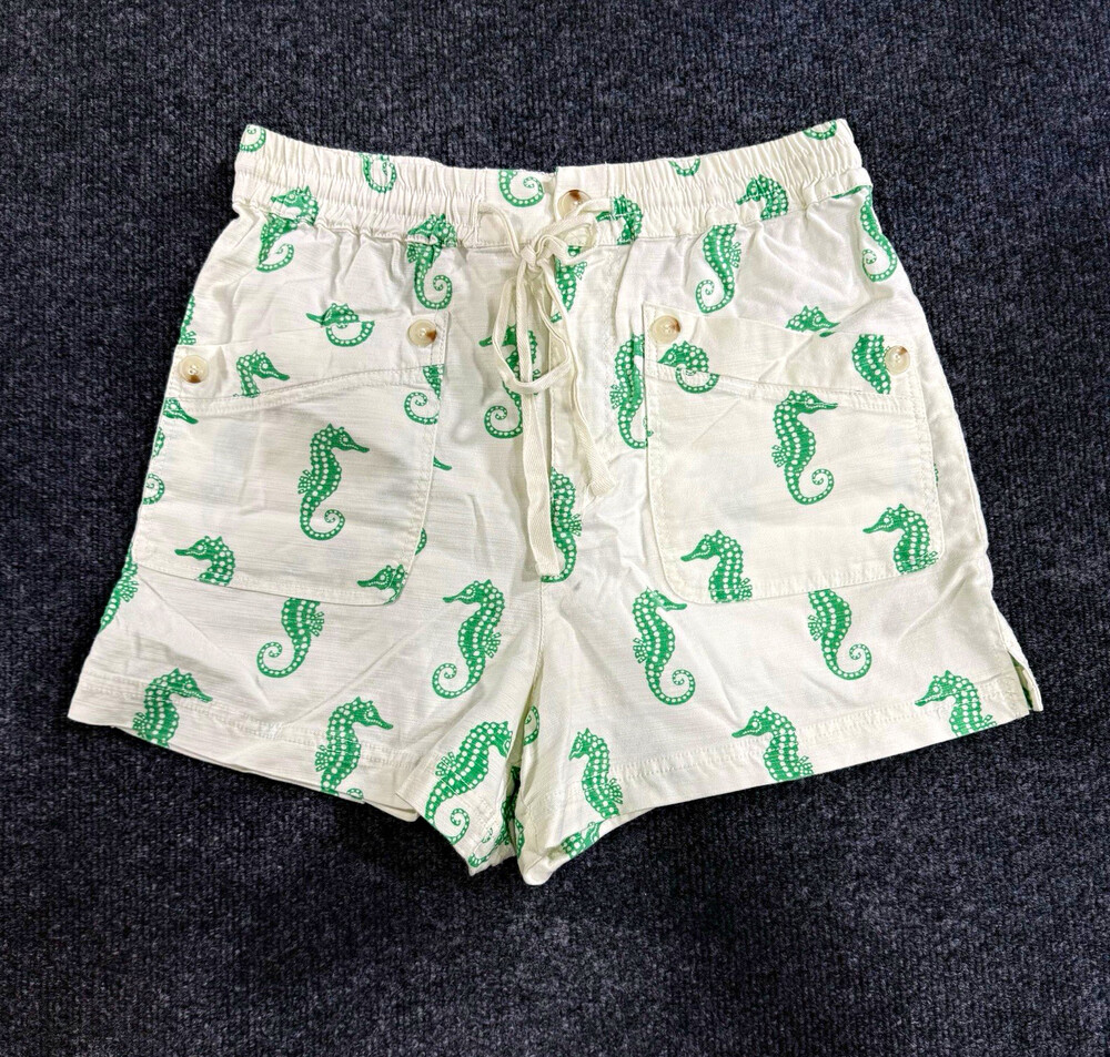 Maeve Anthropologie Shorts Womens Small White Green Seahorse Print Drawstring